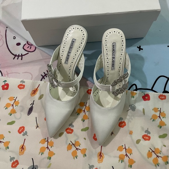 Manolo Blahnik Shoes - Manolo Blahnik White Satin Pointed Toe Crystal-Embellished Mules